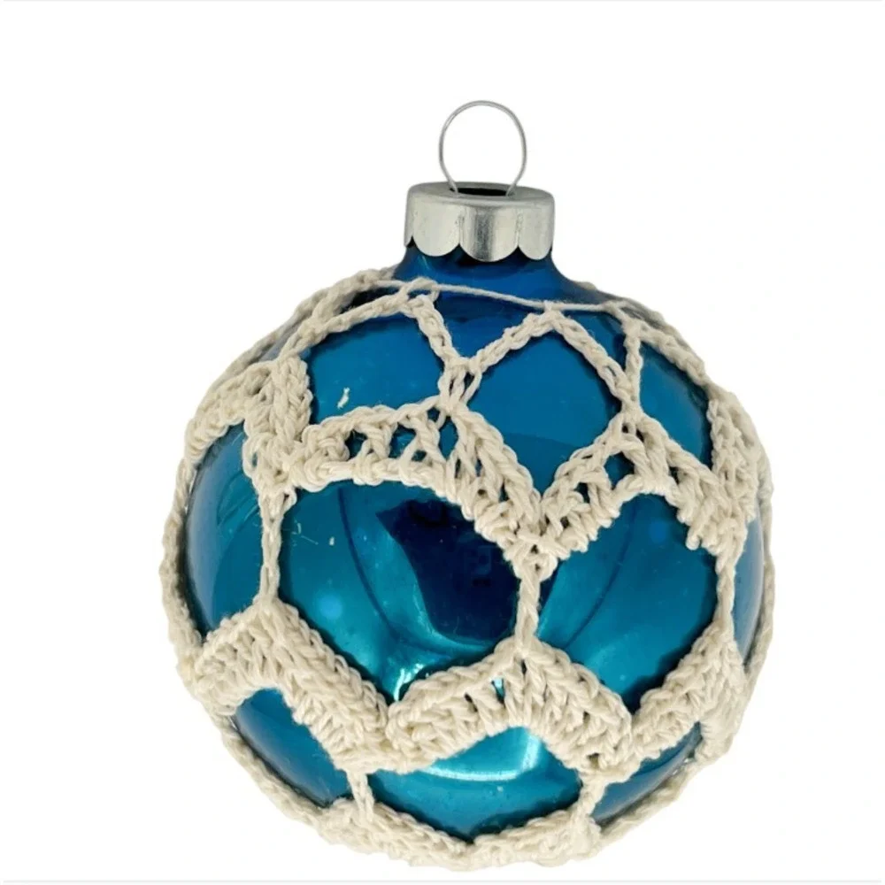 VTG Rare Rausch West Germany Blue Glass Ornament‎ w/ Handmade Crochet Cover 3